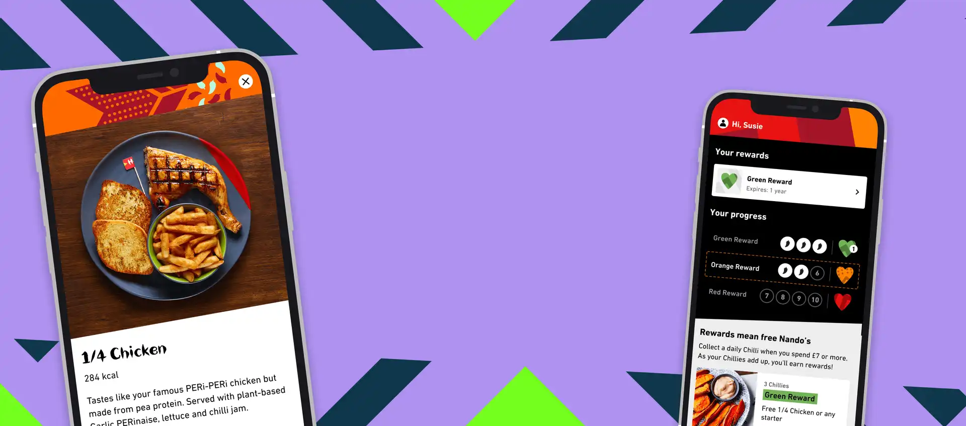 Two smartphone screens displaying Nando's app: one with a PERi-PERi chicken meal, the other showing rewards progress.