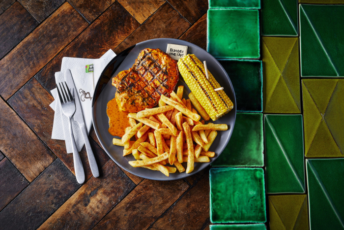 Wild Herb baste on butterfly chicken with PERi Chips and corn on the cob